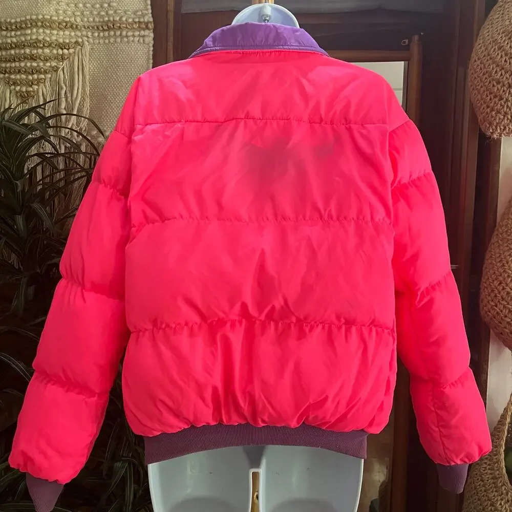 Vintage Columbia Reversible Down Puffer Jacket L Purple Pink 90s Colorblock Coat